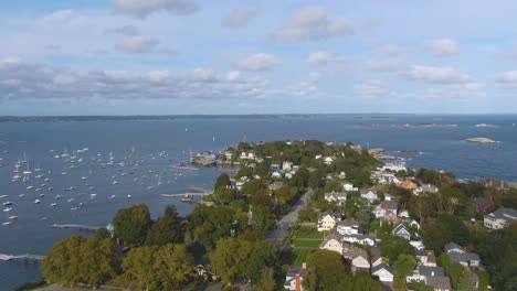 Panoramic View Of Marblehead Town Center And Harbor In Massachusetts MA, USA - aerial drone shot