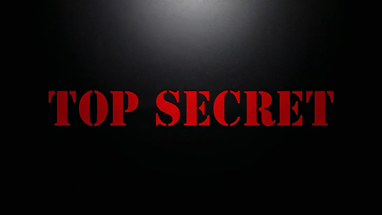 Showing red TOP SECRET title card on backdrop at start under overhead pulsing light for secrecy