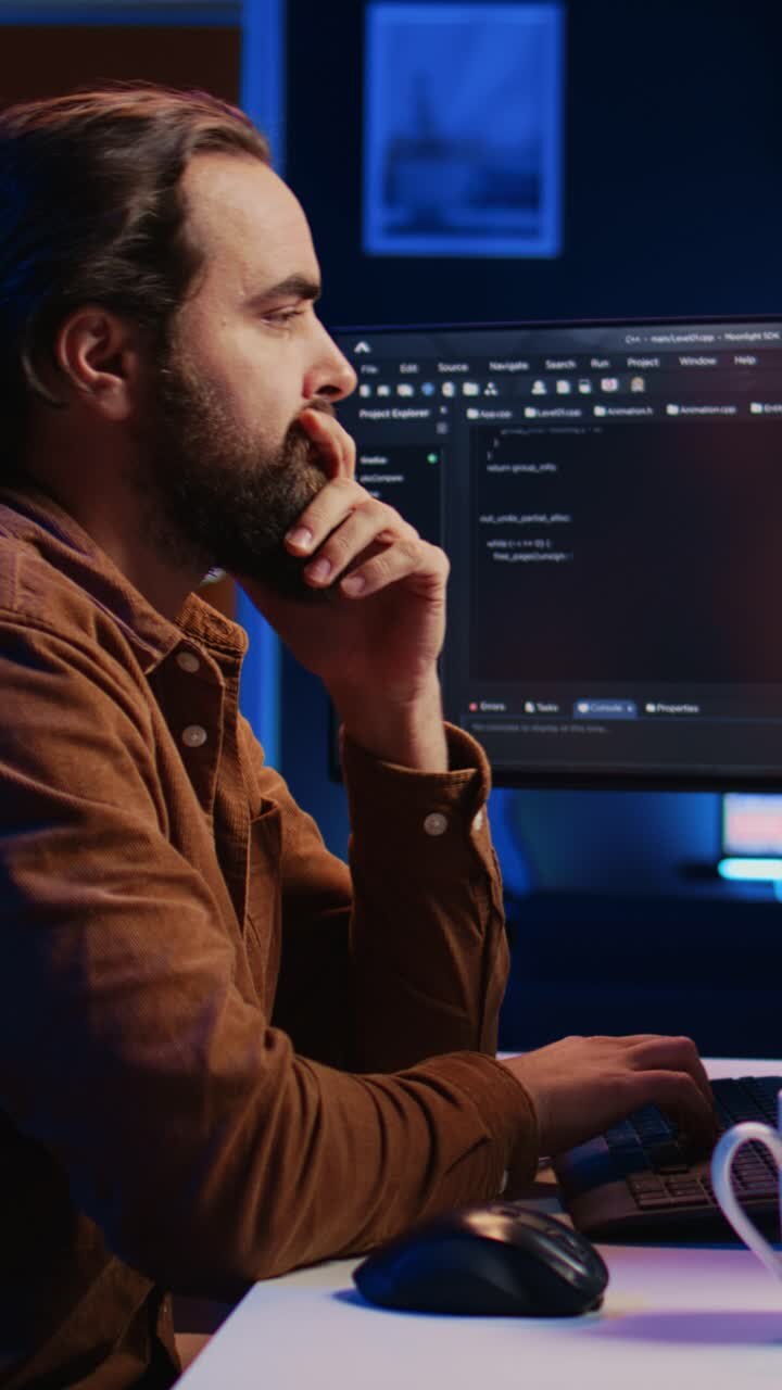 Focused Programmer Working Late Night on Computer Code