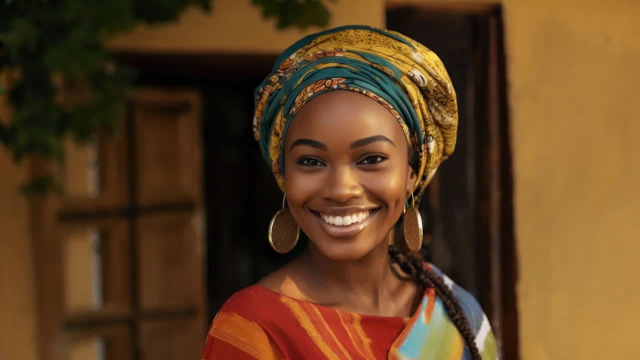 Un vivace video ritratto cattura una donna sorridente in abiti colorati, ripresa ad altezza occhi