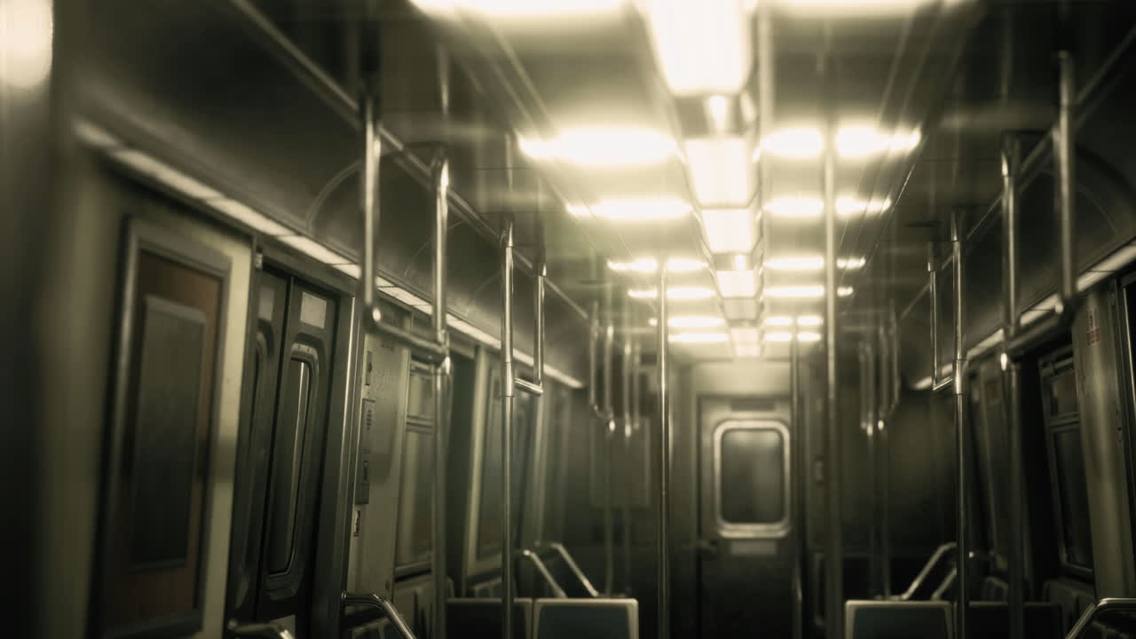 Empty subway train interior during late night hours with dim lighting