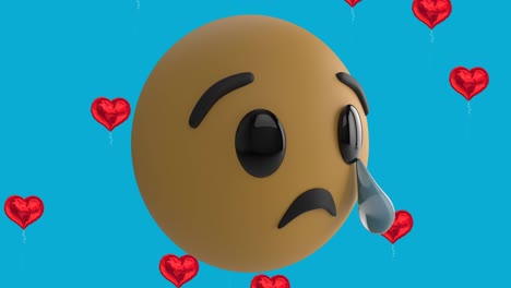 Animación-Del-ícono-Emoji-Llorando-Con-íconos-De-Globos-De-Corazón-Rojo-Sobre-Fondo-Azul