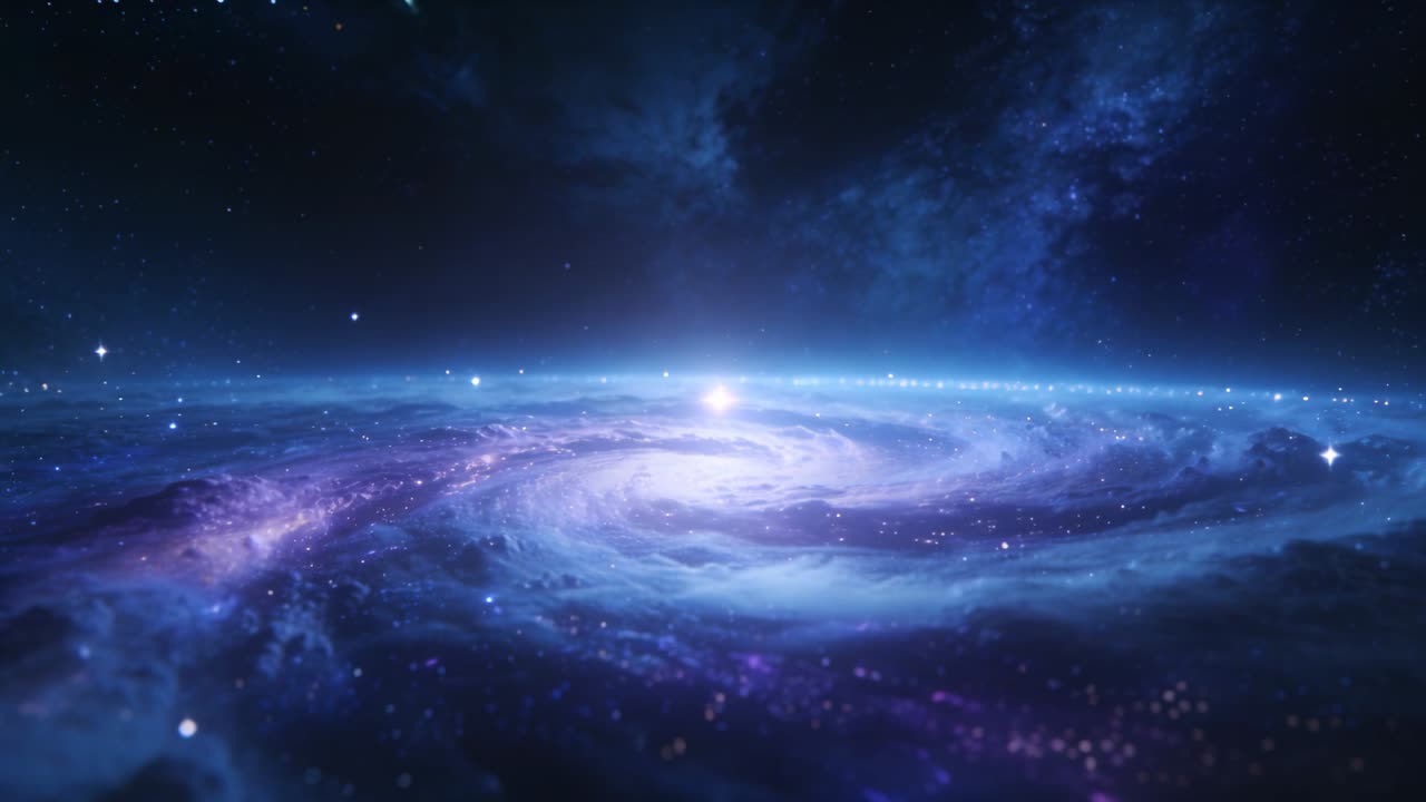 Pulling back camera revealing large spiral galaxy in deep space to show bright core, nebula, arms