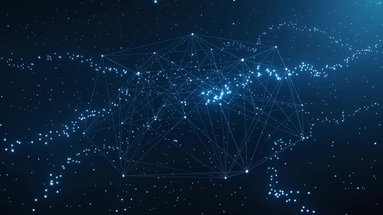 Pulsing hub powering nodes edges rotating and sending signals for data flow in dark blue void