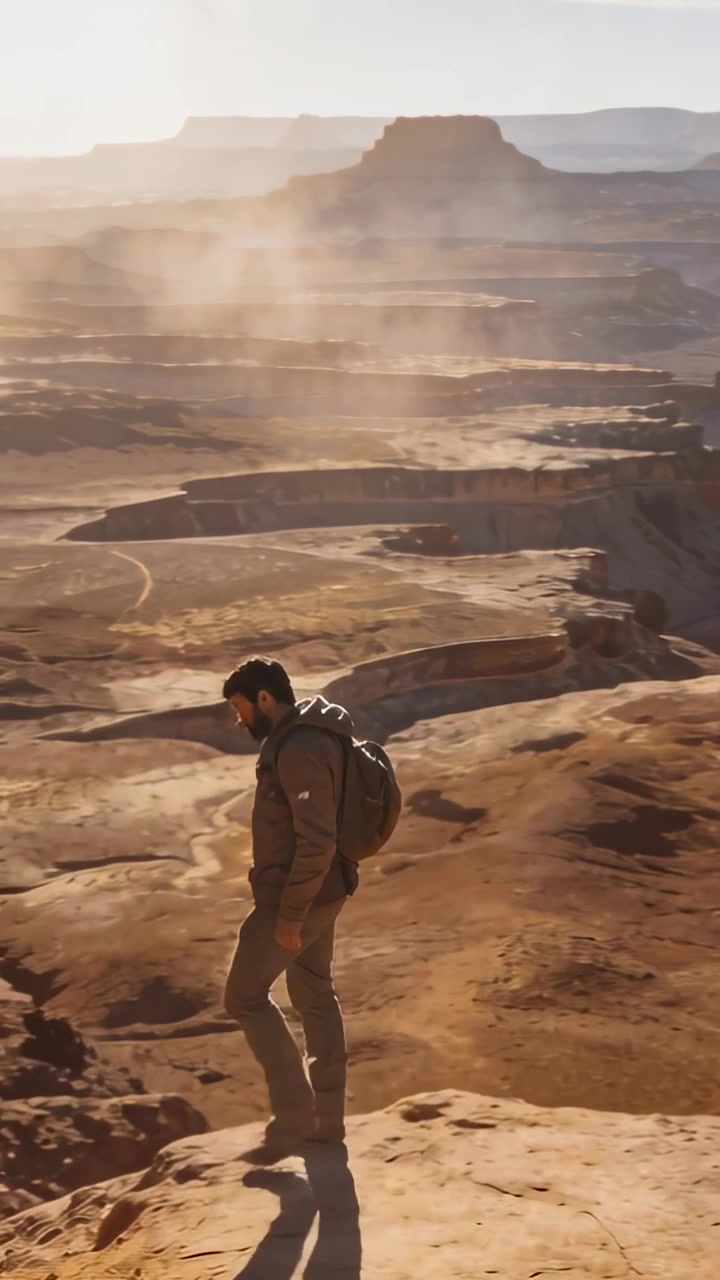 Vertical video: Walking hiker reaching rock rim, pausing, viewing canyon vista with pack and hoodie