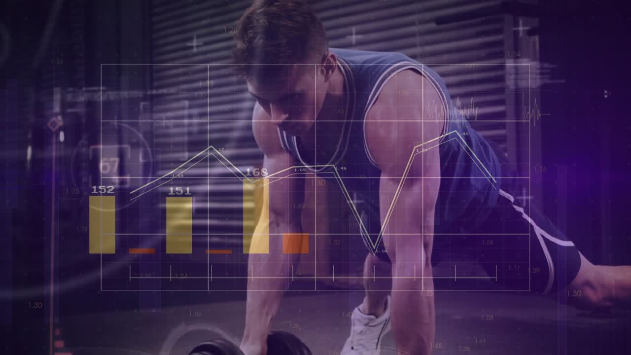 Man shifting weight and doing renegade rows with dumbbells in gym, HUD graphs tracking heart rate