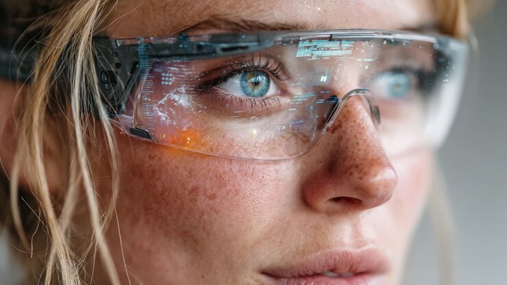 Primo piano di una persona che indossa occhiali smart con display digitali, che mette in evidenza la tecnologia avanzata e l'interazione umana nella comunicazione moderna