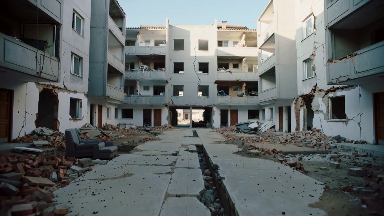 Una telecamera in movimento documenta una rovina nel cortile di un condominio, rivelando una trincea centrale e una poltrona.