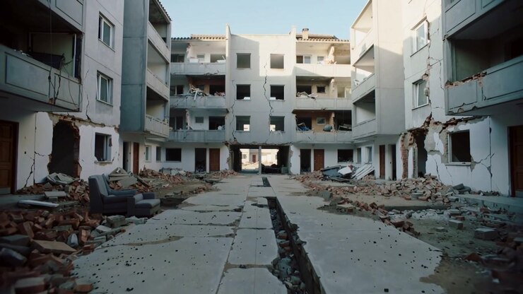 Câmera em movimento documentando ruínas no pátio de um bloco de apartamentos, revelando uma trincheira central e uma poltrona.