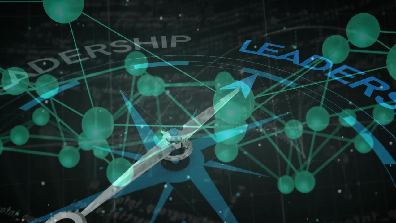 Translucent green spheres fading in around compass causing needle rotating toward leadership node