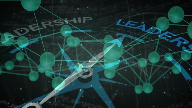 Translucent green spheres fading in around compass causing needle rotating toward leadership node
