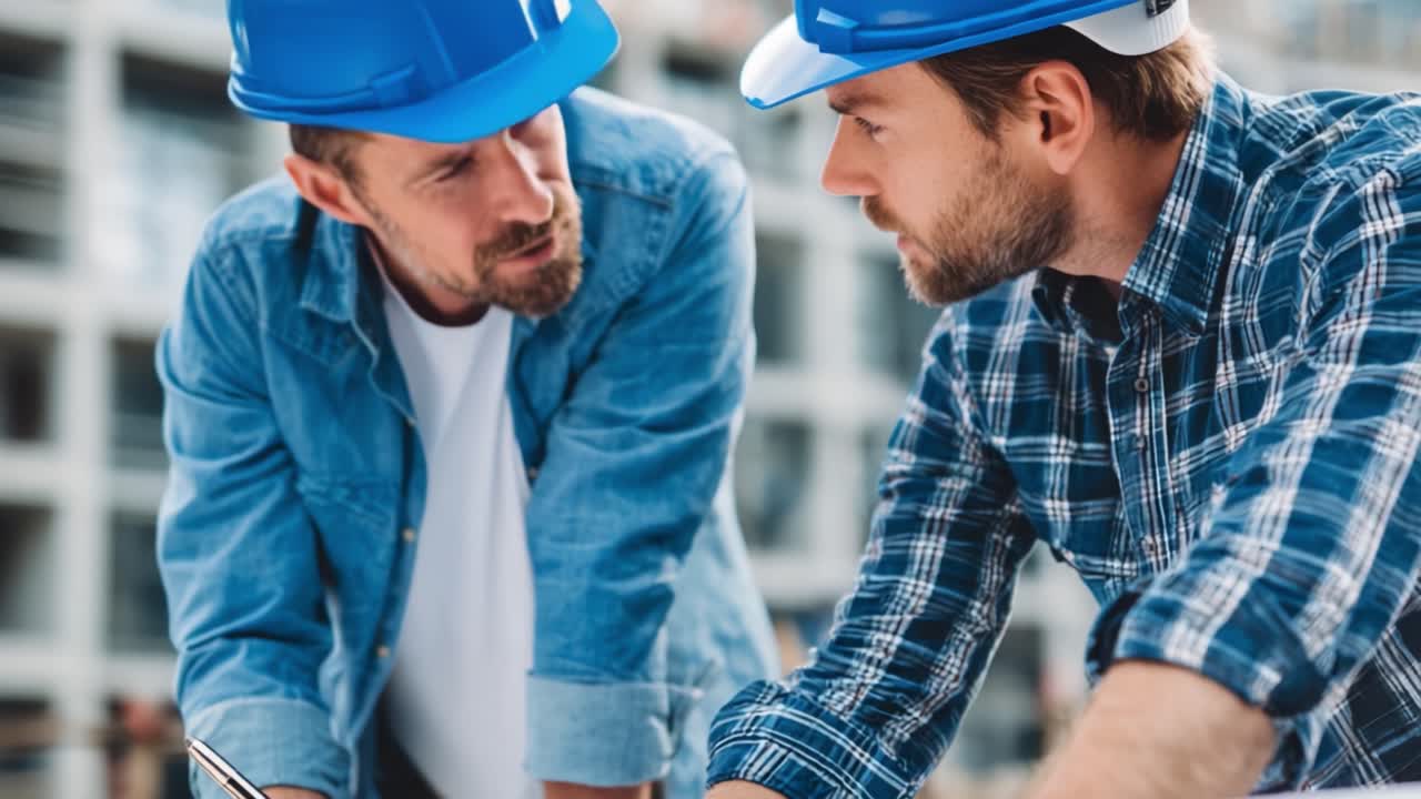 Two Construction Workers Collaborating on Project Plans, Analyzing Blueprints, and Engaging in Detailed Discussion to Ensure Quality Work and Effective Communication
