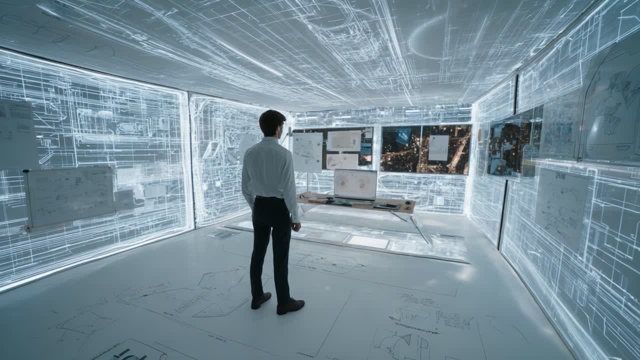A person stands contemplating in a futuristic, illuminated workspace filled with digital blueprints and transparent projections on the walls, showcasing an advanced technological environment for design and development