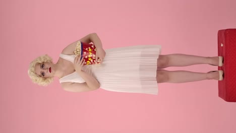 woman in 1950s dress holding popcorn, looking sad