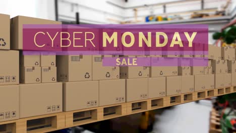 Cyber-monday-sale-text-banner-over-multiple-delivery-boxes-on-conveyer-belt-against-factory