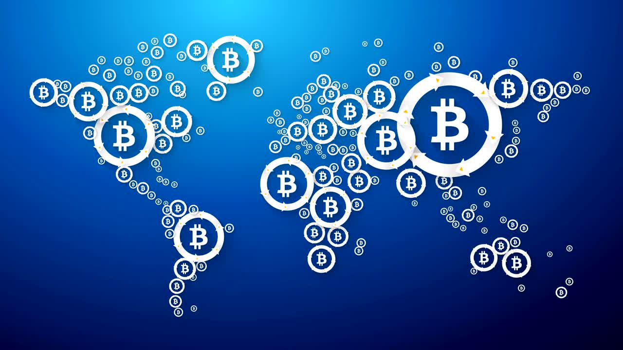 mapa del mundo moderno con el concepto de bitcoin en fondo azul