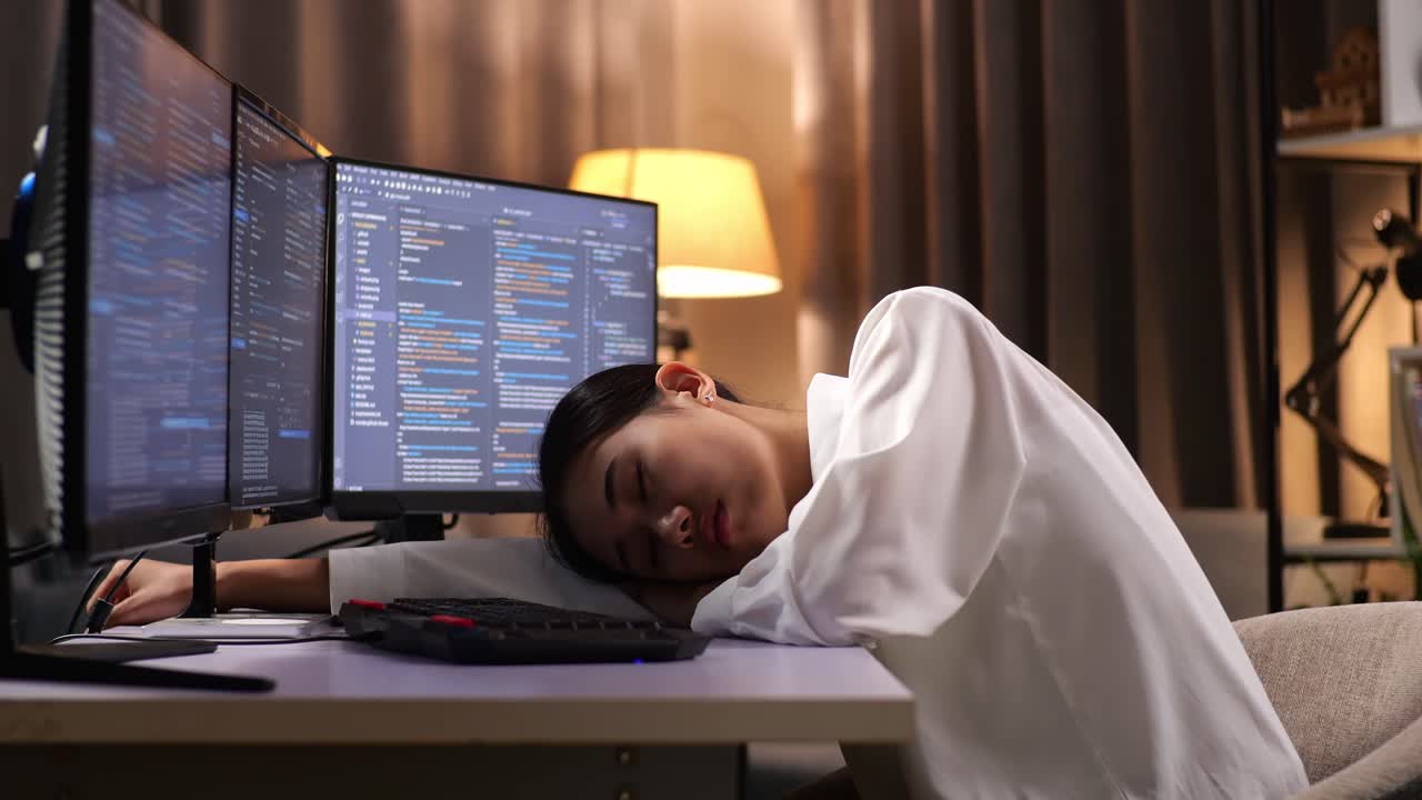 Asian Woman Programmer Sleeping While Creating Innovative Software Engineer Developing App, Program, Video Game On Desktop Computer At Home. Terminal With Coding Language