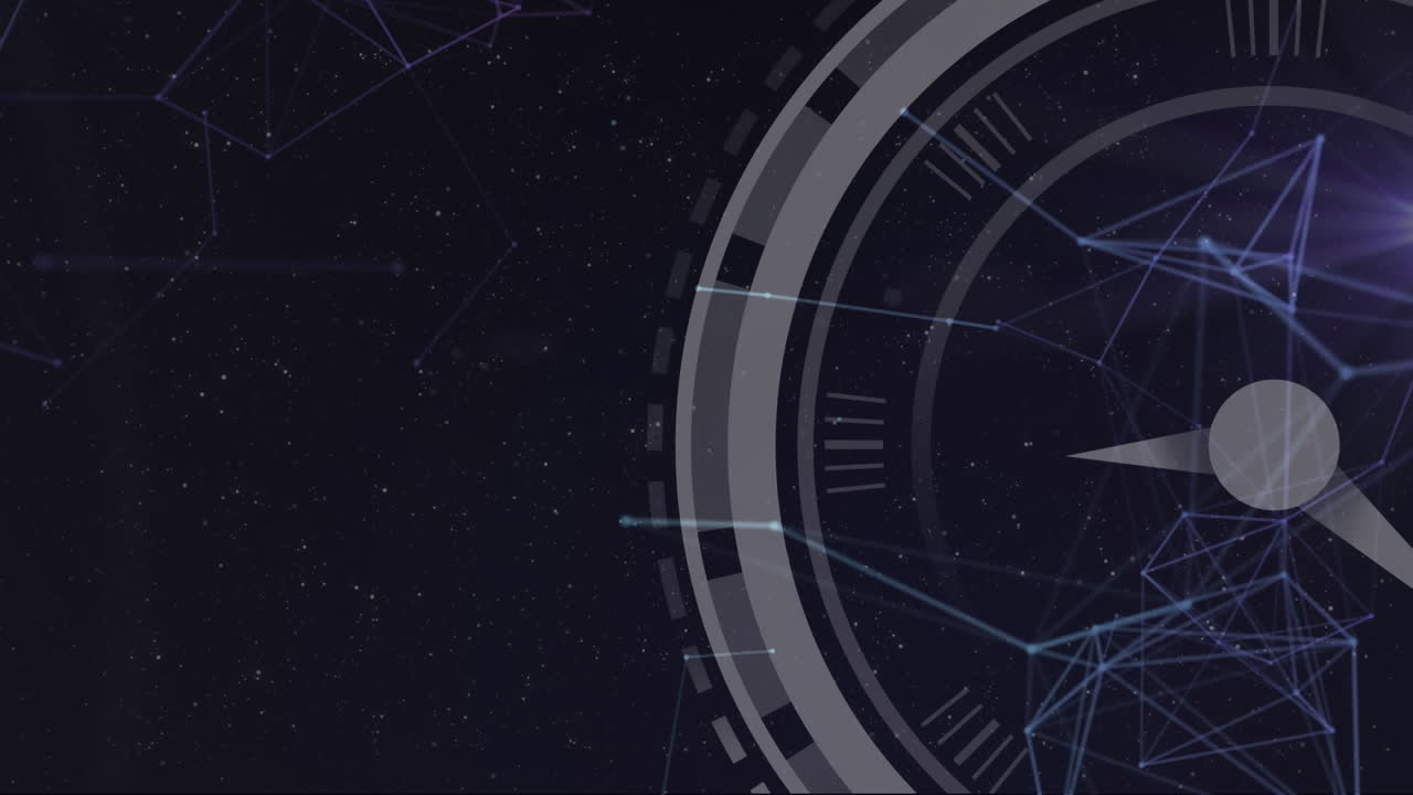 Animation of digital clock and dots connected with lines over space in background