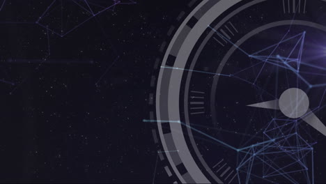 animation of digital clock and dots connected with lines over space in background
