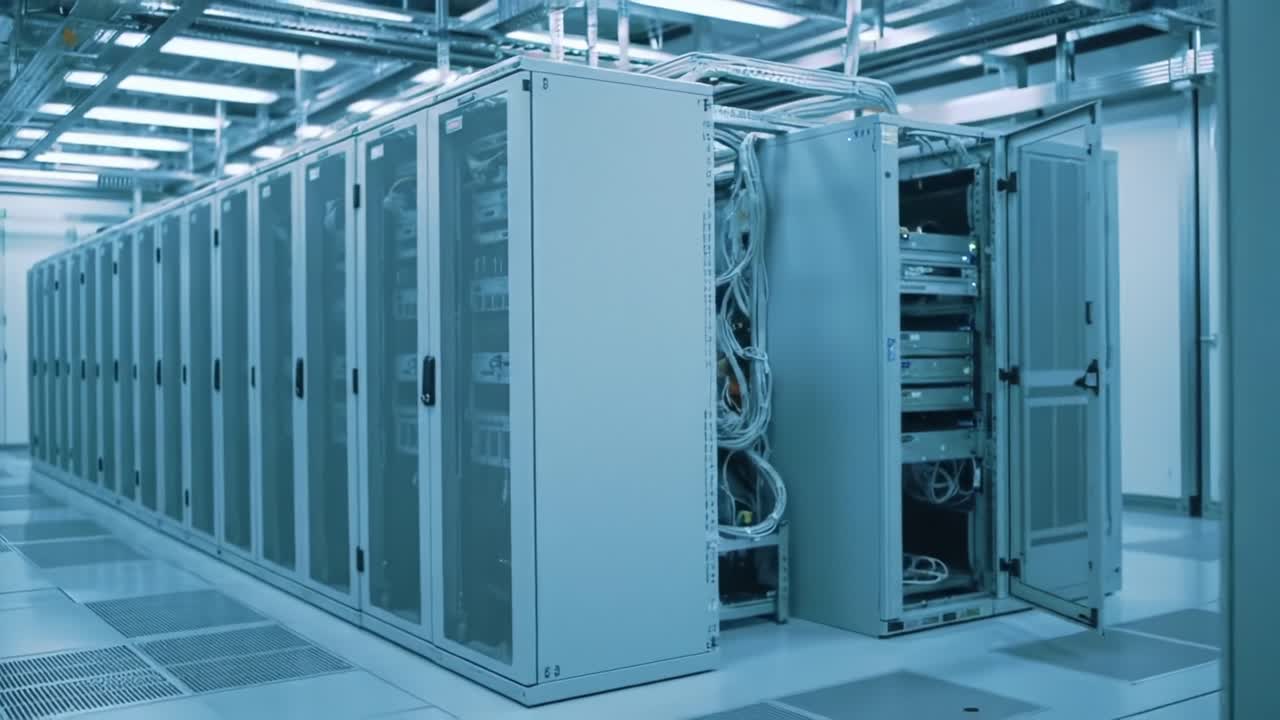 A Detailed View of a Modern Server Room Featuring High-Tech Racks and Advanced Networking Equipment for Data Storage and Management