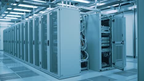 a detailed view of a modern server room featuring high-tech racks and advanced networking equipment for data storage and management