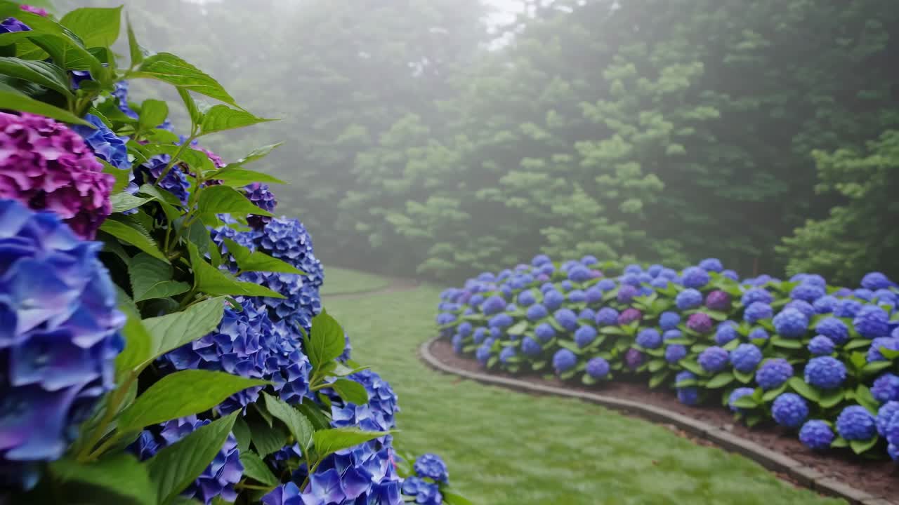 Serene garden scene with vibrant hydrangeas in the foreground. Shot from a low angle, the misty