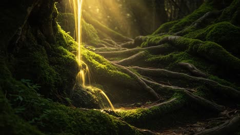 Serene Pathway Through Lush Forest Under Golden Light, Illuminating Roots and Moss, Creating a Peaceful Natural Environment for Reflection and Tranquility