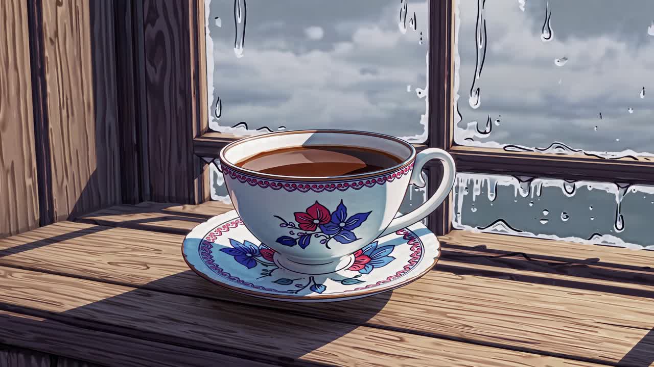 Elegant porcelain cup filled with steaming coffee rests on a wooden windowsill, showcasing a serene atmosphere with raindrops on the glass