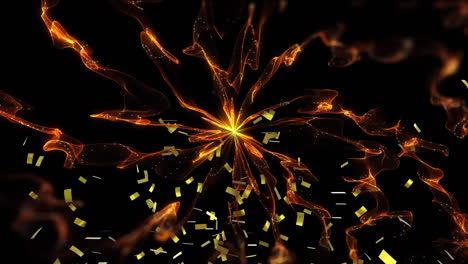 animación de confeti dorado cayendo, con una red de energía naranja brillante, sobre un fondo negro