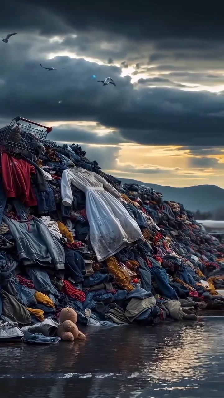 Massive Pile of Discarded Clothes and Waste in Polluted Landscape