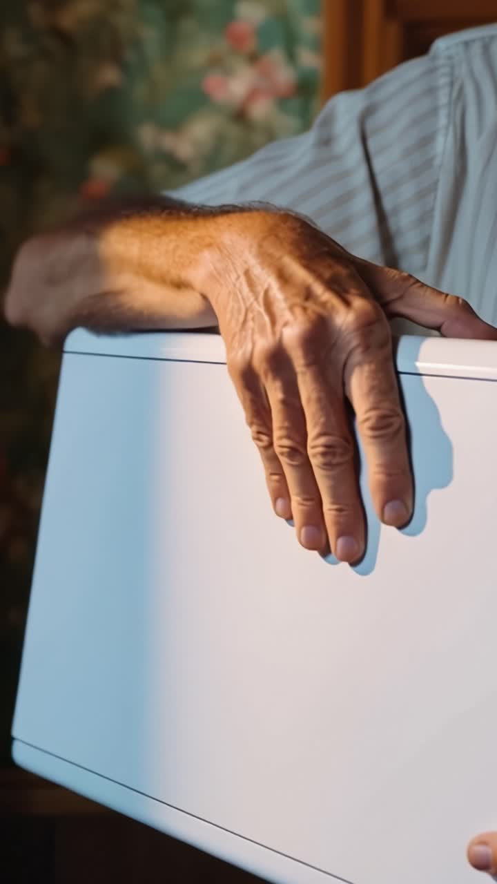 An elderly person carefully handling a small white appliance, showcasing the delicate interaction between age and technology in a warmly lit environment