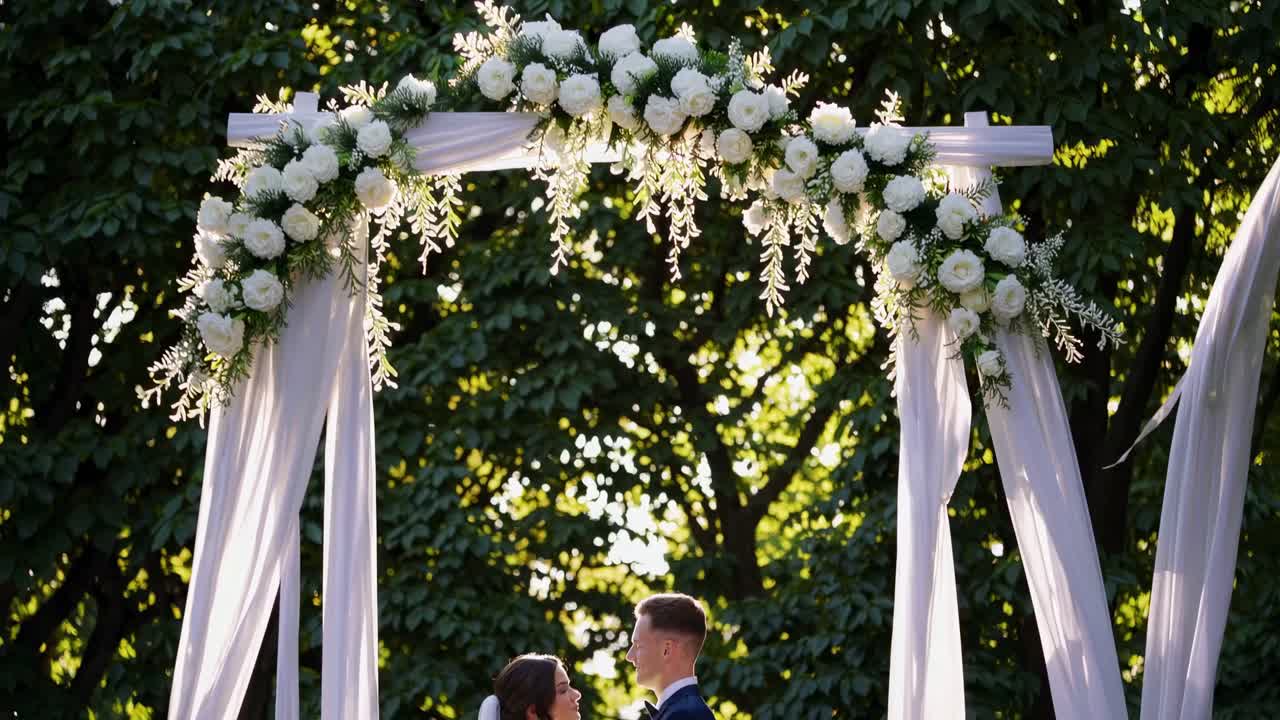 Scena di matrimonio romantica con un'inquadratura dal basso che cattura una coppia sotto un arco floreale.