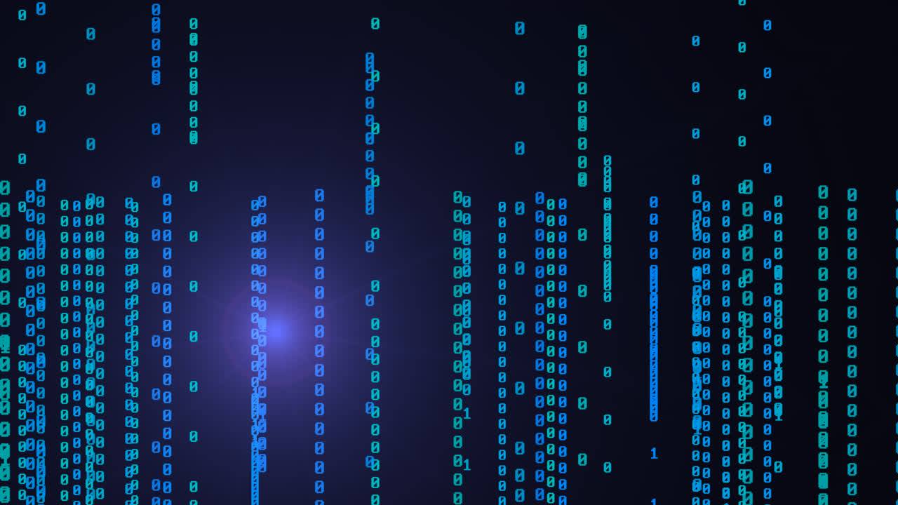 Blue Binary Code numbers with glowing Light Moving over Black Space