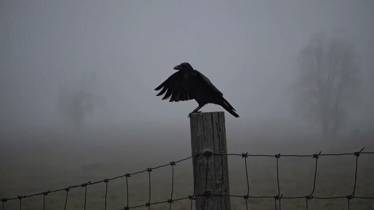 A moody, atmospheric video still of a crow perched on a fence post in foggy weather