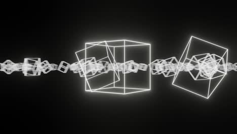 cubos blancos con bordes brillantes de neón en el espacio oscuro. concepto creativo mínimo fondo animado gráfico de movimiento