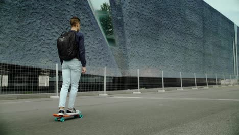 well-dressed entrepreneur businessman portrait of a young attractive trendy man skateboarding on a sunny morning day with a modern urban city background