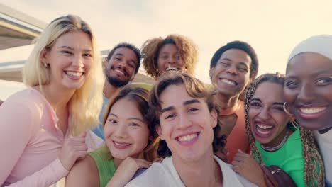 crazy group of multi-ethnic friends taking a happy selfie outdoors