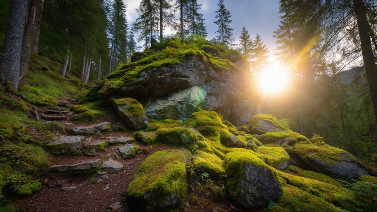 A Serene Journey Through Enchanted Forest Pathways Surrounded by Lush Green Mossy Rocks Under a Warm Glowing Sunlight at Dusk, Capturing Nature's Tranquility