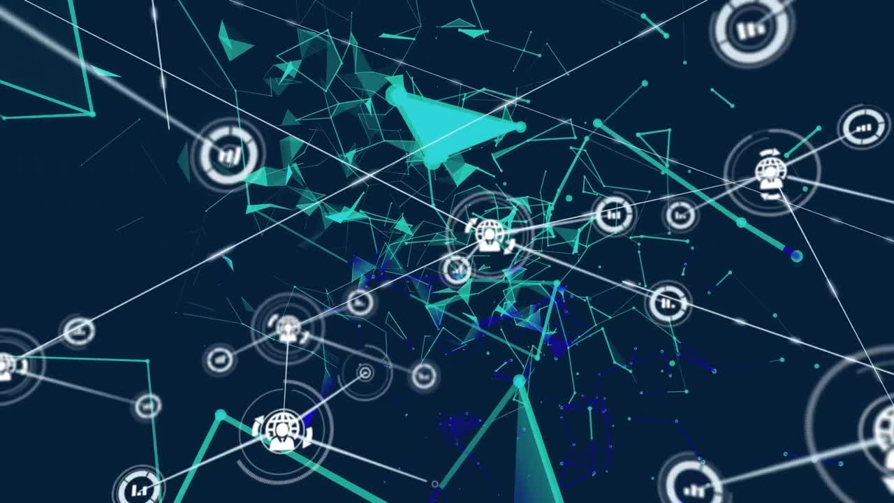 animación de la red de conexiones con iconos y triángulos sobre fondo azul oscuro