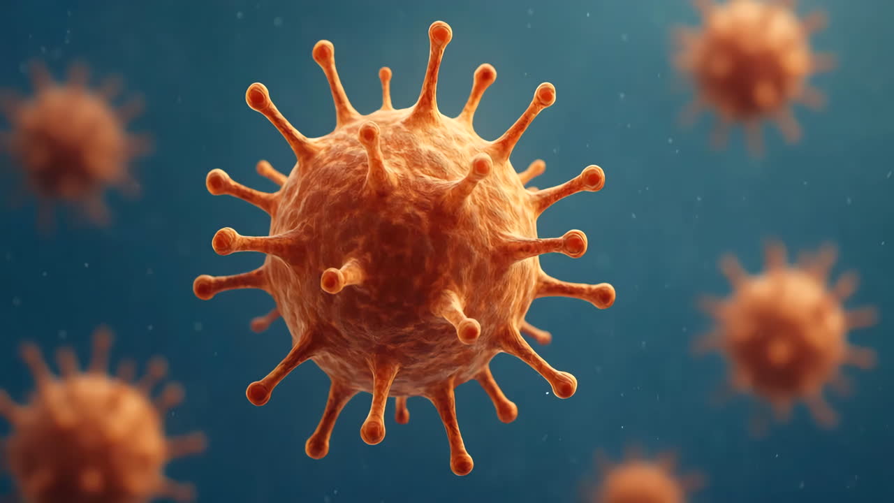 Looped animation of multiple virus particles rotating gently in fluid suspension, with realistic textures, spiked structure and fine background particles, simulating a microscopic view