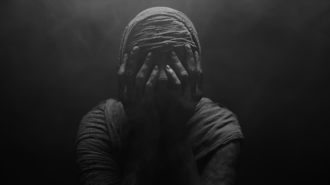 A mummified woman against the dark background in keeps her hands on her face the powerful pose full of despair