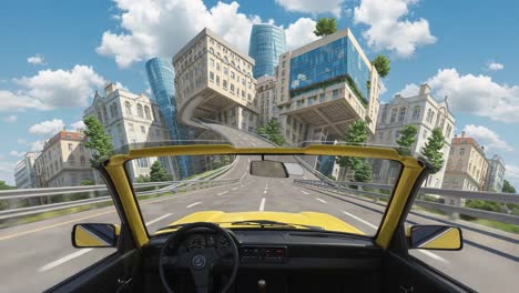 a vibrant journey: experiencing the futuristic cityscape from a yellow convertible car's perspective on a winding road
