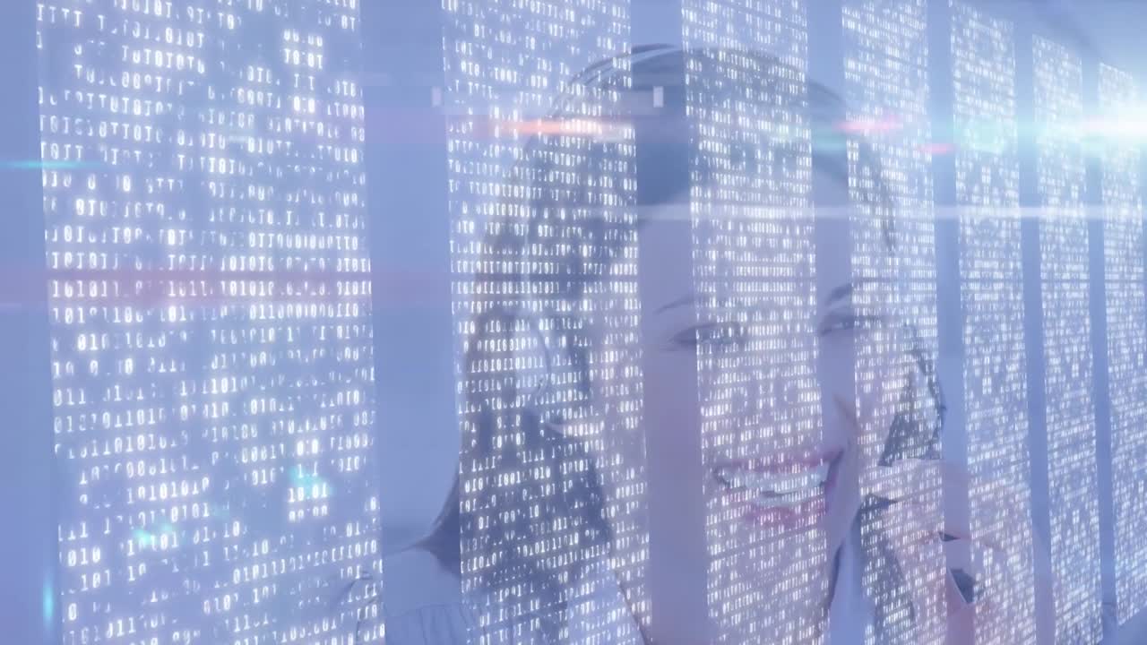 Screens with mosaic squares over caucasian female customer care executive talking on phone headset