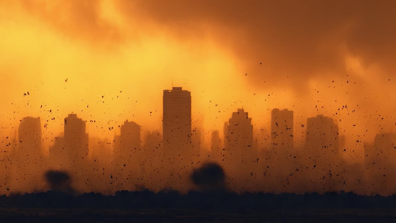 Paisaje Urbano Dramático: Un Cielo Ardiente Sobre Rascacielos Silueteados Entre Polvo y Escombros, Capturando la Esencia de una Atmósfera Caótica