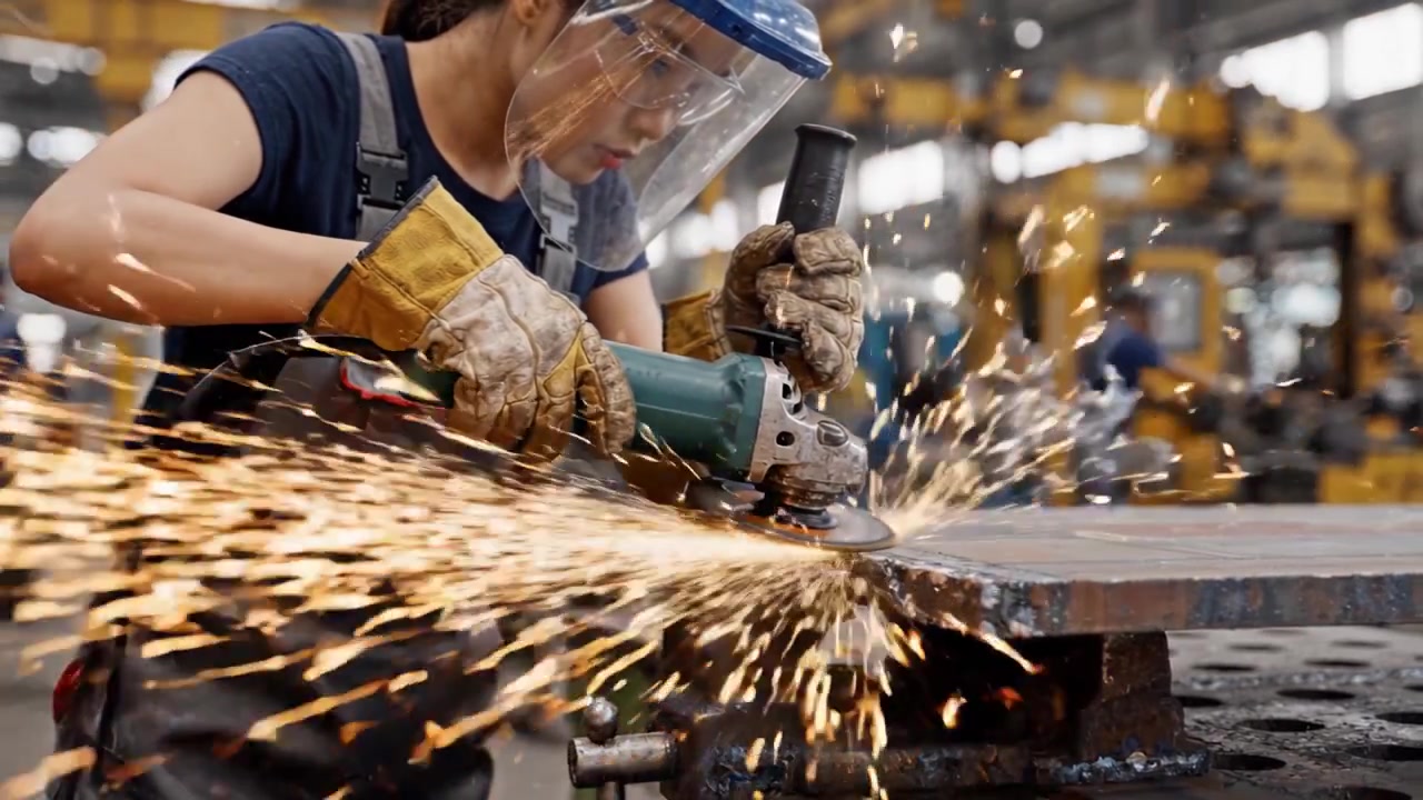 Un lavoratore specializzato si dedica alla molatura del metallo, creando scintille in un'officina affollata, mostrando precisione e maestria artigianale in un ambiente industriale.