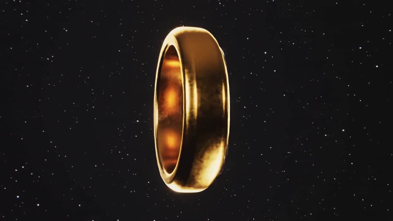 Due anelli metallici che iniziano a ruotare e spostarsi nello spazio stellato, mostrando bagliori d'oro e d'argento
