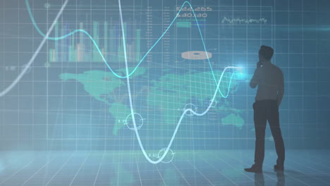 Animación-Del-Procesamiento-De-Datos-Financieros-Sobre-Empresarios-Y-Mapa-Mundial-Sobre-Fondo-Oscuro