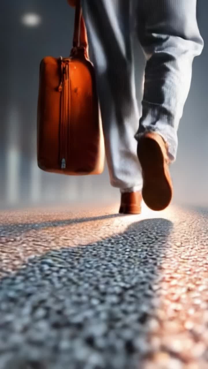 El viaje de un viajero: Una persona con pantalones a rayas y zapatos marrones caminando con una maleta naranja por un sendero tenuemente iluminado