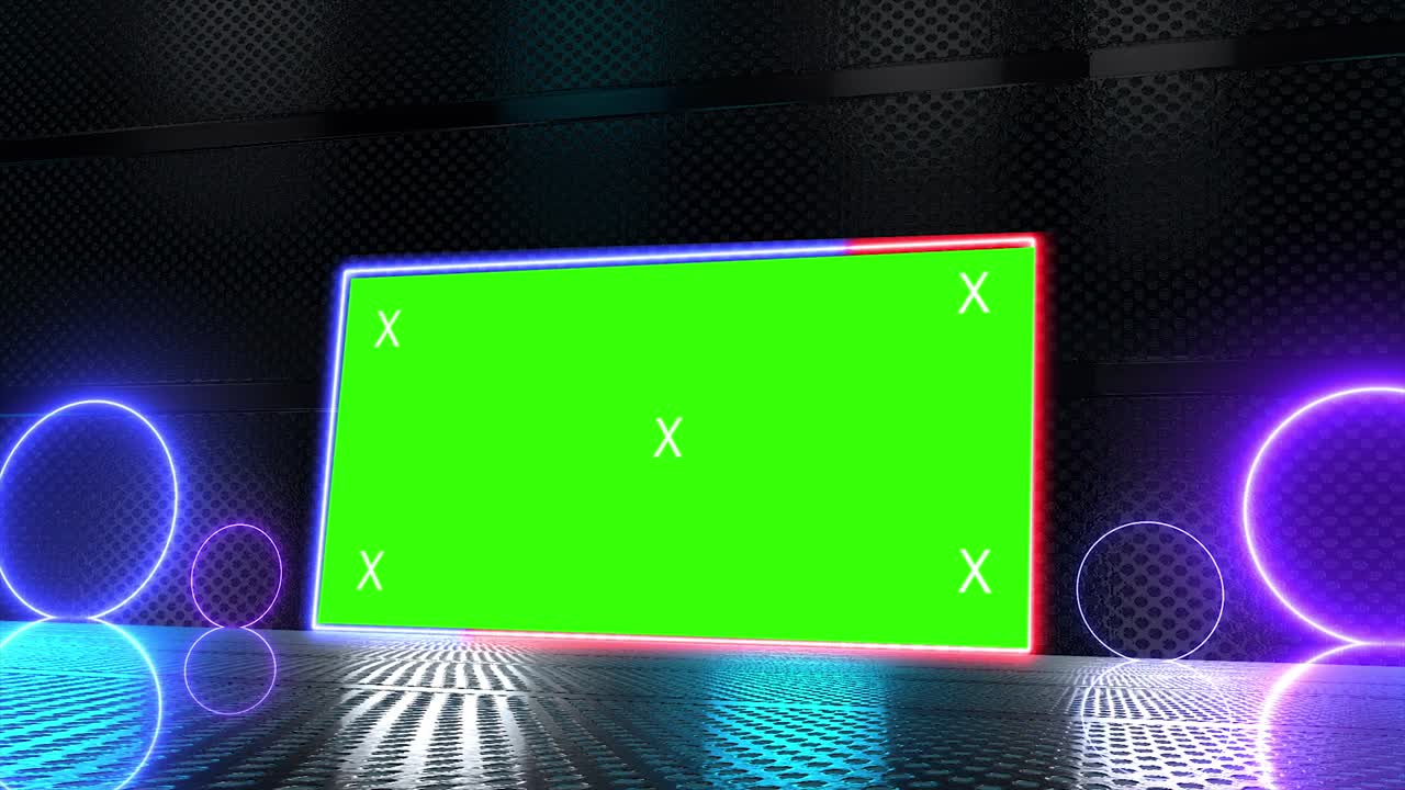 túnel creativo abstracto y pantalla verde modelo de cartelera del canal alfa. neón, bares y tecnología de led púrpura azul, ciencia ficción, renderizado cyberpunk futurista en 3d con marco en blanco.