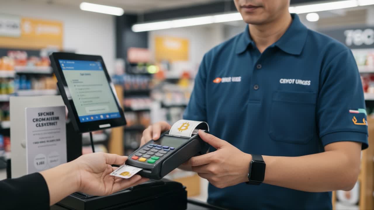A Customer Initiating a Bitcoin Payment at a Modern Retail Checkout Counter with a Payment Terminal and Digital Screen Display